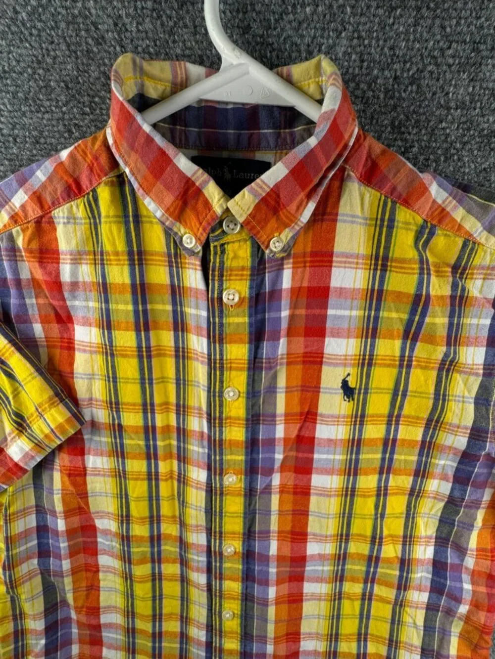 Ralph Lauren Boys Size Medium Button Up Shirt Short Sleeve Yellow Orange Plaid